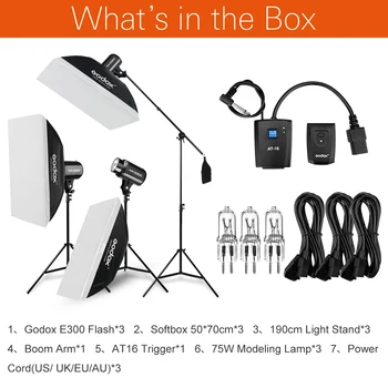 Godox 900W 3x E300 Flash Light Kit s Godox NA-16 Spúšť & 3x Modelovanie Lampa & 3x 50x70cm Softbox & 2x svetlo stojana a Boom Arm