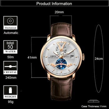 Švajčiarska Značka Hodiniek Mužov LOBINNI Automatické Mechanické náramkové hodinky Pánske Luxusné 50m Vodotesné Hodinky Reloj Hombres Muž Dary
