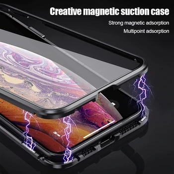 360 Full Metal Magnetické puzdro Pre iPhone 11 Pro XS Max X XR 6 7 8 Plus Obojstranné Tvrdeného Skla Magnet Adsorpcie Kryt Telefónu