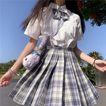 [Jemné Čepeľ] Ženy, Dievčatá Japonský Lete Vysoký Pás Skladaný Kockované Sukni, Biela Blúzka Študentov Oblečenie Šaty JK Školy Unifor