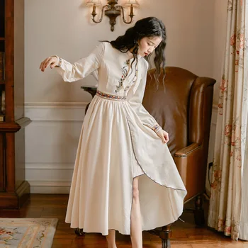YAMDI boho šaty elegantné ženy vintage jar leto 2020 voľné a-line vysoká kvalita výšivky dlhý rukáv split maxi dess vesti
