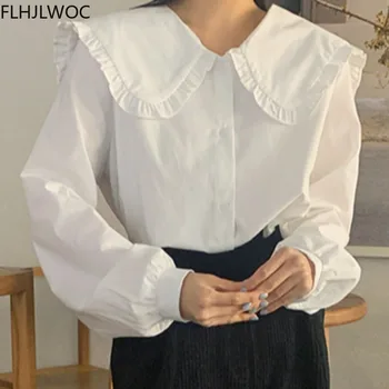 2021 Jar Kórea Elegantné Módne Oblečenie Pre Ženy, Dlhý Rukáv Blusas Pevné Biele Tričko Singel Svojim Tlačidlo Topy A Blúzky