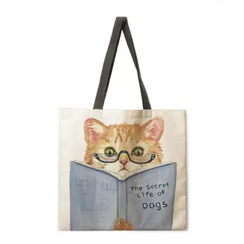 Akvarel mačka tlače tote bag bielizeň textílie taška na bežné skladací nákupní taška vonkajšie plážová taška denne kabelka