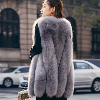 Nový kožušiny vesta ženy imitácia fox kožušiny high street strednej dĺžky vesta veľkosť kožušinové vesty bundy vesty na jeseň zima žena