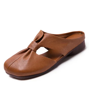 Na jar a v lete nové kožené papuče ženy jednoduché mäkké dno cowhide ploché papuče duté ženy sandále bežné dámske topánky