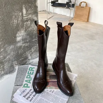 Ženy Západnej Polovici Teľa Topánky PU Kožené Boot Dámy Čierny Kovboj Retro Žien Pracujúcich Oxford Topánky Žena Vintage Bežné