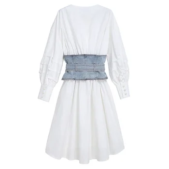 [EAM] Ženy Denim Pás Pozdĺžne Biele Dlhé Šaty Nové tvaru Dlhý Rukáv Loose Fit Módne Príliv Jar Jeseň 2021 1DD4519