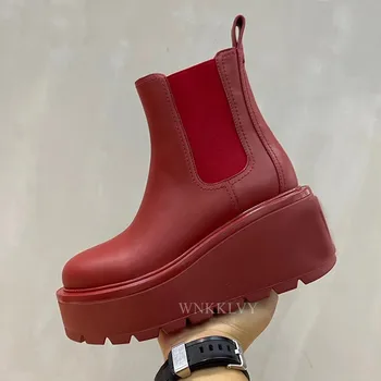 Super Hrubé Jediným Kliny Päty Chelsea Boots Ženy Kolo Prst Reálnom Kožené Elastické Kapely Členok Botas Jeseň Zimné Topánky Platformu