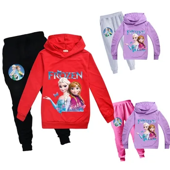 Disney Batoľa Detský Baby Dievčatá Cartoon Mrazené Oblečenie Set s Dlhým Rukávom s Kapucňou Nohavice Oufits Športová Tepláková súprava Oblečenie Set 2-16Years
