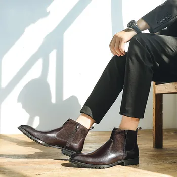 Talianska Obuv Muži Zimné chelsea Originálne kožené Topánky Mens Semiš Platformu Prízvukom Bežné Členok Ploché Topánky na Zips šaty bota