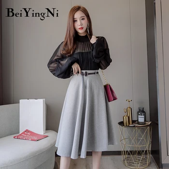Beiyingni Vintage Sukne Ženy Pás Riadok Swing Elegantné KoreanHigh Pás Office Dámy Sukne Bežné Jar Jeseň Sukne Ženy