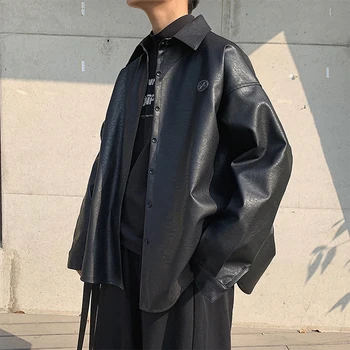 2020 Mužov Pu Kožené Sako Čierne Dlhé Oblečenie Zips, vrchné oblečenie Bundy Bombardér Mužov Voľné Voľný čas Módne kórejský Kabát M-2XL