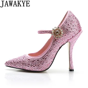 Bling bing crystal dekor svadobné šaty, topánky ženy vysoké podpätky ružový satén ukázal prst drahokamu čerpadlá chaussures femme 2019