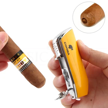 COHIBA Kovové Vetru Mini Pocket Cigaru Ľahšie 3 Jet Modrý Plameň Horáka, Zapaľovače S Cigaru Punč Darčekovej krabičke