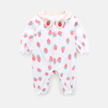 Sladké Roztomilý Baby One-Piece Jar Jeseň Oblečenie Novorodenca Jahoda Výšivky Ružová Romper Toddle Vyhovuje Dievčatá Bavlna Kombinézach