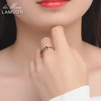 LAMOON Multi-farebné Turmalín Prstene Pre Ženy Skutočný Prírodný Drahokam 1.5 ct 925 Sterling Silver Strany Krúžok Jemné Šperky RI005