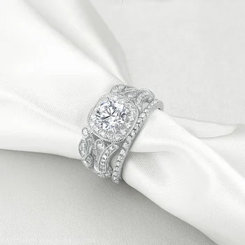 Wuziwen 3 Ks 925 Sterling Silver Prstene Pre Ženy Kolo AAA Zircons Zásnubné Prstene, Svadobné Sadu S Dvoma Pásma Veľkosť 5-12