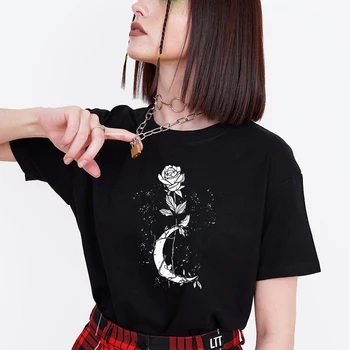 Kvetinový Vytlačené Ženy Mesiac T Shirt Goth Grunge Módne Krátky Rukáv T-shirts Black Plus Veľkosť Topy Ženské Tričká Bavlnené Oblečenie