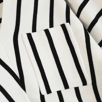 Bežné Black/White Pruhovaný Sveter Jeseň 2020 tvaru Dlhý Rukáv Vrecku Pletené Košele Elegantné Štíhle Ženy, Pulóvre Nové Módne
