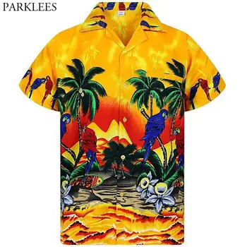 Žltá Havajskej Pláži Krátke Rukáv Tričko Mužov 2021 3D Plam Strom, Vták Vytlačiť Mens Tropické Aloha Košele Dovolenku Dovolenku Oblečenie