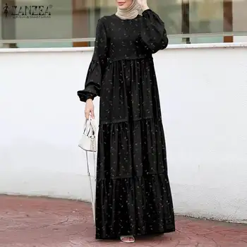 Žien v Moslimských Sundress Elegantné Tlač Prehrabať Šaty Žena Vrstvený Tlačené Šaty Plus Veľkosť ZANZEA Bežné Lístkového Rukáv Maxi Vesitdos