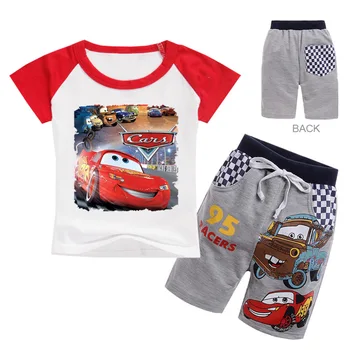 Letné Baby Boy Šaty Cartoon Pixar Cars Blesk McQueen Tlač Chlapec Dievča Detí Top Tričko Krátky Rukáv Tričko+Krátke Set 2ks