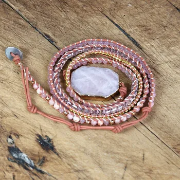 Ručne vyrábané Šperky 5 Strand Ružový Kremeň, Kožené Zábal Náramky pre Ženy Rose Drahokamy Crystal Korálky Bohemia Kúzlo Náramok