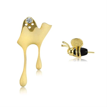 PFHOO Reálne 925 Sterling Silver Roztomilý Zlatá Farba Bee A Odkvapkávanie Med Asymetrický Stud Náušnice Pre Ženy Jemné Strieborné Šperky