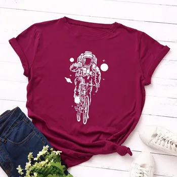 JCGO Letné Tričko Ženy Bavlna Astronaut Požičovňa Print Plus Veľkosť S-5XL O-Krku Krátky Rukáv Fashion Bežné Tee Tričko Topy