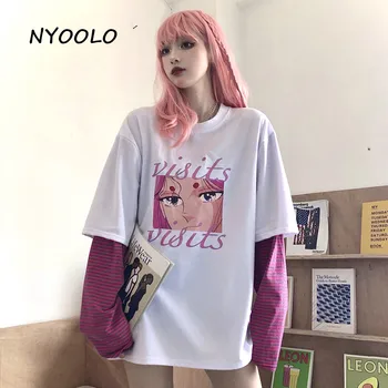 NYOOLO Anime dievča listov tlač prekladané falošné 2 kusy patchwork dlhý rukáv t-shirt ženy Harajuku streetwear pulóvre topy čaj