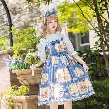 Letné Japonské Lolita Vintage Princezná Šaty bez Rukávov Žena Mäkké Dievča Vietor Roztomilý Kreslený Tlač JSK Podväzkové Sukne