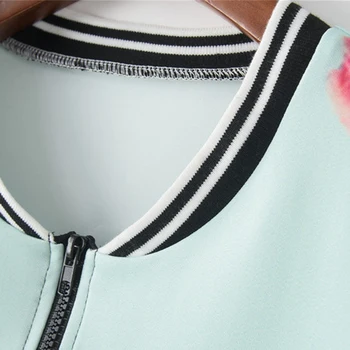 Ženy Móda Dlhý Rukáv Kontrast Pruhované Manžety Kvetinový Flamingo Tlač Baseball Jacket Girl Zip až Bunda Outwear Mikina Topy