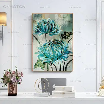 Modré Kvety Plagát, Obraz Frameless Zlatá Čipka Ušľachtilý Dekoratívne Maľby Tlač Moderného Obývacej Miestnosti, Dekoratívne Nástenné Art