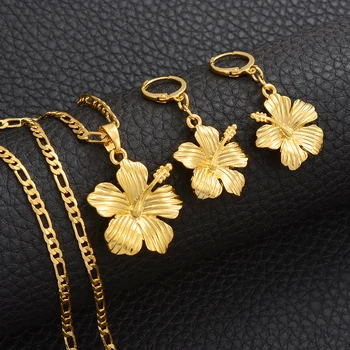 Anniyo Havajské Kvetinové Šperky Sady Prívesok, Náhrdelníky, Náušnice, Ženy, Dievčatá, Zlatá Farba Federatívne Guam Chuuk Kwajalein #213106