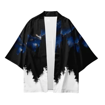 Harajuku Japonský Mesiac Kimono Cardigan Mužov Samuraj Kostým Handričkou Kimono Bunda Ženy Mens Lesa Kimono Tričko Streetwear