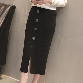 Ženy Pletené Dlhé Sukne 2020 Módne Elastické Pás Office Lady Bodycon Zimné Slim Elegantné Čierne Ceruzku Sukne Saias