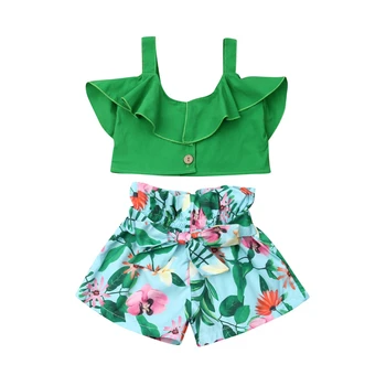 Letné Baby Girl Deti Dovolenku Kvetinový Oblečenie Nastaviť Bavlnené Tričká Topy+Luk Šortky Batoľa Sunsuit Oblečenie Set
