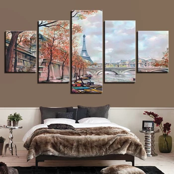 Dekor Steny V Obývacej Izbe Tlačené Diela, Krajiny Rám 5 Kusov Paríž Tower Bridge Obrazy Umenie Modulárny Obrázky Plátno Plagát