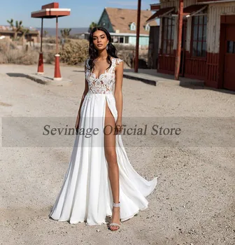 Pláž Boho svadobné Šaty, Sexy Backless Rozdeliť Strane Svadobné Šaty Čipky Appliques Biele Svadobné Šaty na Zákazku
