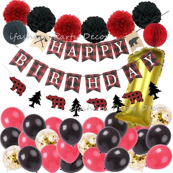 Drevorubač Happy Birthday Party Dekorácie Narodeniny Bannery Lesnou Tematikou Dreva Buffalo Koberčeky Garland Čierne a Červené Balóniky