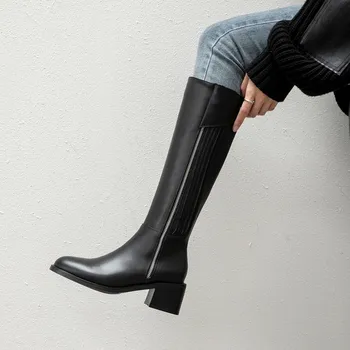 MEMUNIA 2021 najnovšie originálne kožené jazdecké topánky ženy vysoké podpätky ležérne topánky zip kolo prst jeseň zima kolená vysoké topánky žena