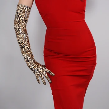 Ženské dráhy módy sexy štíhla faux pu kožené rukavice lady klub výkon leopard tlač dlhé kožené rukavice 70 cm