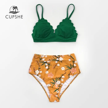 CUPSHE Vrúbkovaným Nádrž High-Pás Bikín Sexy Zelená Žltá Kvetinový Plavky Ženy, Dva Kusy Plavky 2021 Pláž, Kúpanie Oblek