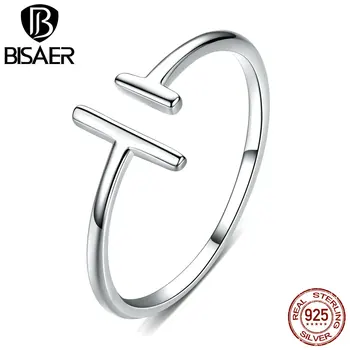 Jednoduché Anel BISAER 925 Sterling Silver Geometrické Prst Prstene pre Ženy Nastaviteľné Otvorte Veľkosť Ženy Krúžky Jemné Šperky ECR555