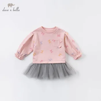DBJ14422 dave bella jeseň baby girl je roztomilý luk tlač oka šaty deti fashion party šaty deti detská lolita oblečenie