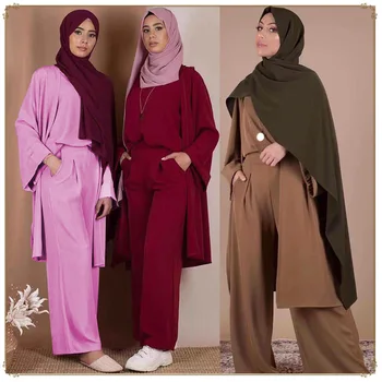 Tri kusy moslimských nastavuje veľmi kvalitné islamskej topy+ nohavice, vrchné odevy odevy módne jednoduché čerstvé Moslimských čipky šaty, obleky wq2595