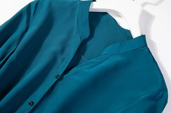 Ženy to Čistý Hodváb modrá Dlhé tričko Šaty polovičný rukáv split krku s pásom L XL JN411