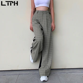 2020 Jeseň nový príchod kórejský štýl streetwear ženy nohavice módny hit farba Spojov Vysokej wais vintage Rovno Kockované nohavice