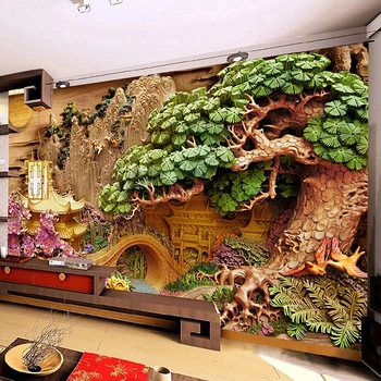 Vlastné Horské Vodné Krajinu 3D Dreva-Rezbárske Umenie Dekorácie, Nástenné Maľby Štúdia Obývacia Izba, TV joj, nástenná maľba Tapety