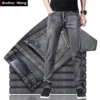 Klasické pánske džínsy vysokej kvality Podnikania Bežné Elastické Džínsové nohavice mužov Značky Šedé Nohavice
